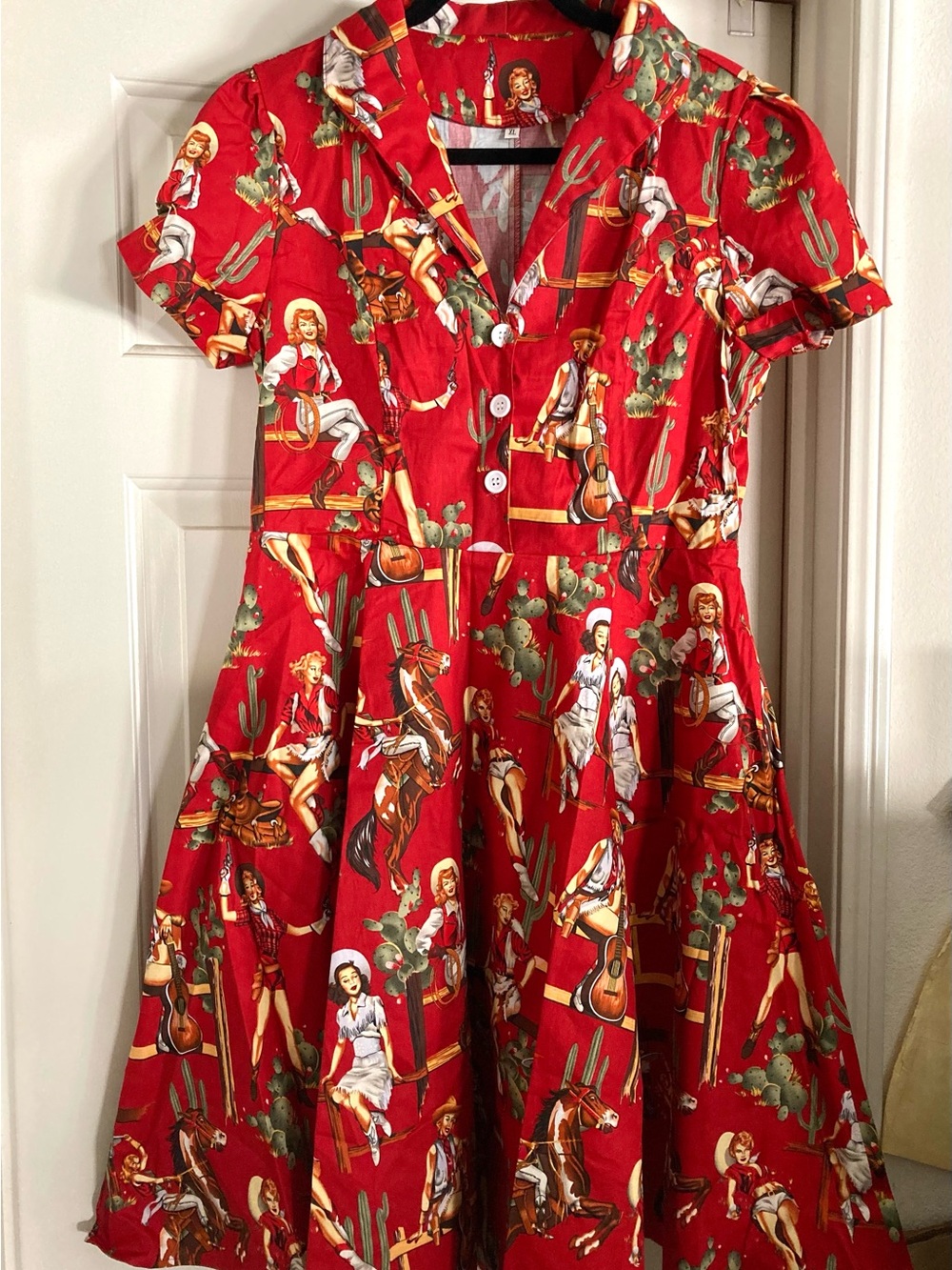 WOMENS Western-Print Red Fit & Flare Dress from Unique Vintage size XL